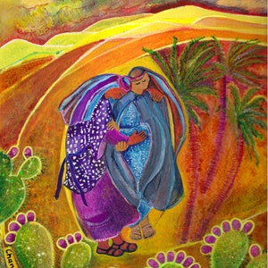 May include: A painting depicting two figures in a desert setting. The figures are dressed in colourful robes and are embracing. The background is a vibrant orange and yellow with a large sun in the top left corner. The painting is signed "Chana Helen" in the bottom left corner.
