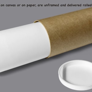 May include: A white print rolled up in a brown cardboard tube with a white plastic end cap.  "All prints, on canvas or on paper, are unframed and delivered rolled in a tube."