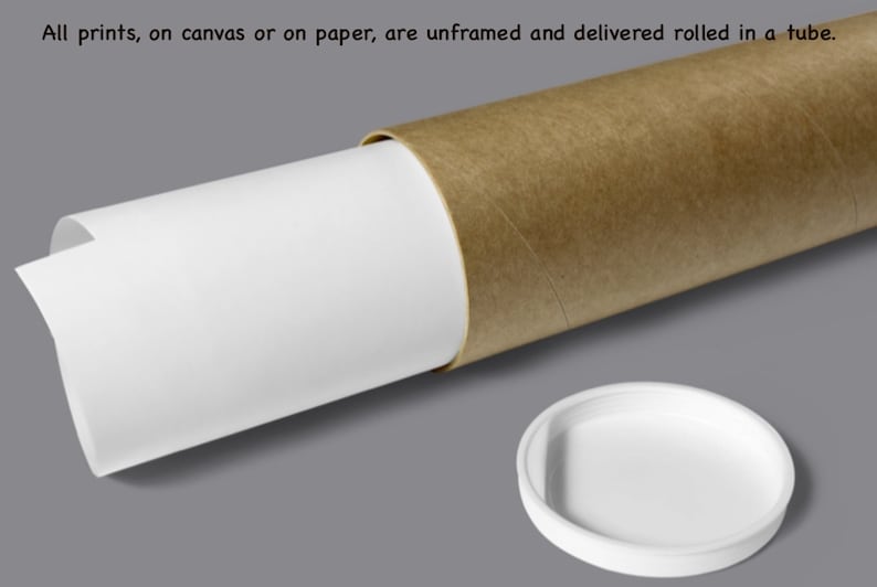 May include: A white print rolled up in a brown cardboard tube with a white plastic end cap.  "All prints, on canvas or on paper, are unframed and delivered rolled in a tube."