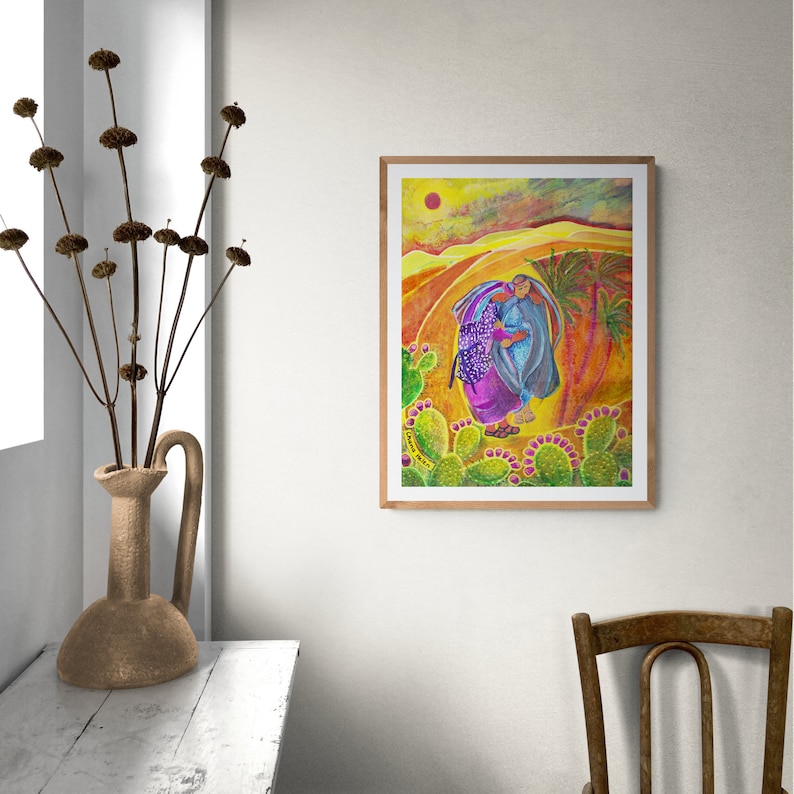 May include: A painting depicting two figures in vibrant attire standing within a desert landscape. The background features a blend of yellow, orange, and red tones, with a prominent red sun in the sky. The figures are surrounded by verdant cactus plants.