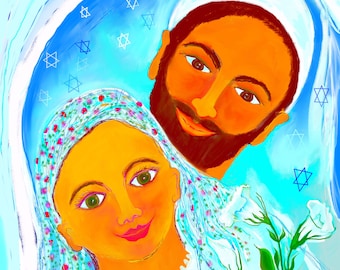 Jewish Wedding Art Print: Bride & Groom with Flowers