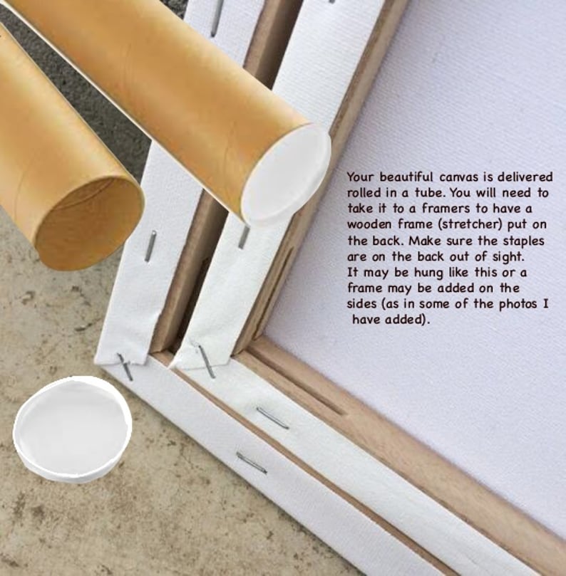 May include: A close-up of a canvas painting rolled in a tube. The canvas is secured with staples to a wooden frame. The text on the image reads: "Your beautiful canvas is delivered rolled in a tube. You will need to take it to a framers to have a wooden frame (stretcher) put on the back. Make sure the staples are on the back out of sight. It may be hung like this or a frame may be added on the sides (as in some of the photos I have added)."
