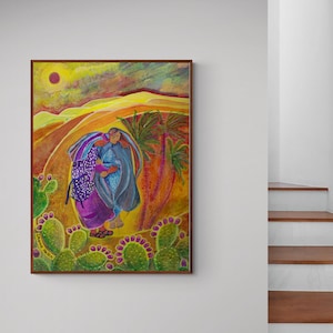 May include: A painting depicting two women in colourful clothing walking through a desert landscape. The women are embracing and the background features a red sun, palm trees, and cacti. The painting is titled "Desert Walk" in the bottom left corner.