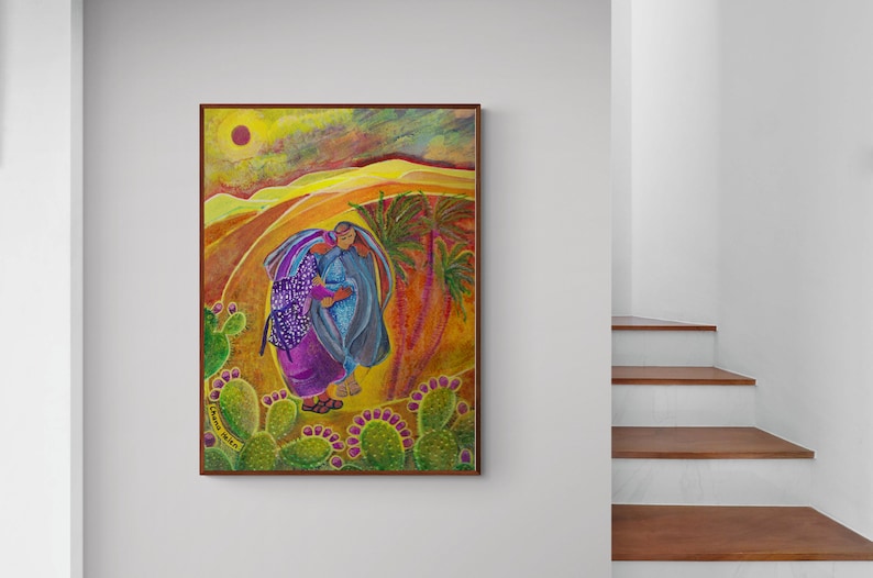 May include: A painting depicting two women in colourful clothing walking through a desert landscape. The women are embracing and the background features a red sun, palm trees, and cacti. The painting is titled "Desert Walk" in the bottom left corner.