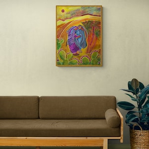 May include: A painting depicting two figures in colourful clothing walking through a desert landscape with cacti and a large red sun in the sky.