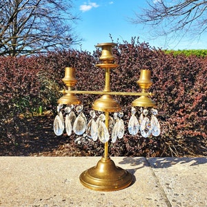 Brass Candlestick Holder 3 Arm Candelabra Candle Holder with Prisms