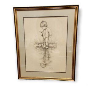 Superb Artist Proof Pencil Signed By VIHERS Boy Playing In Water Vintage Lithograph Print