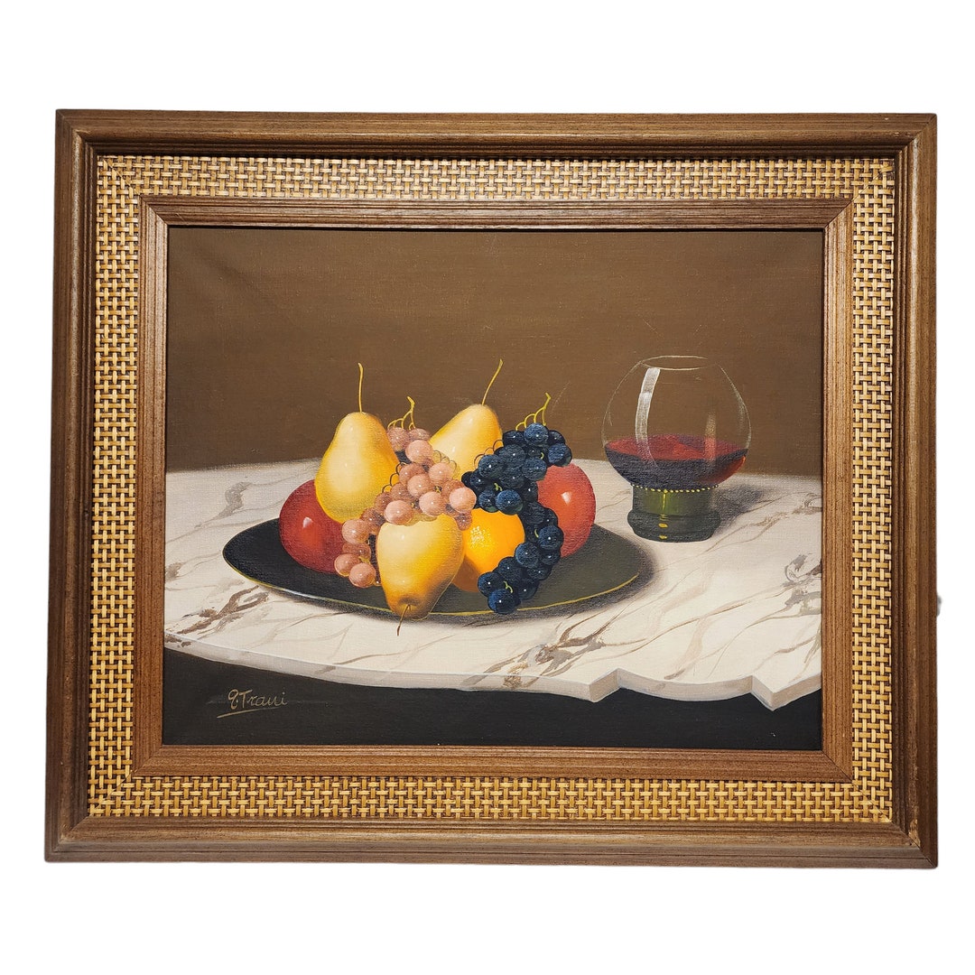 Vintage Fruit Wine Still Life Oil on Canvas Signed Rattan Frame ...