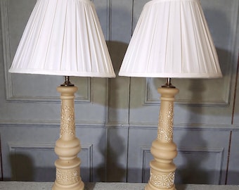Vintage Cream Cased Glass Table Lamps with Moriage Detail