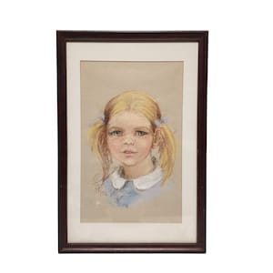 Vintage Framed (70s) Pastel Pencil and Chalk Young Blonde Hair Blue Eyes Little Girl
