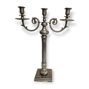 19th Century 3 Arm Candelabra Csndle Holder Silver Cast Iron Neo-Classical Style
