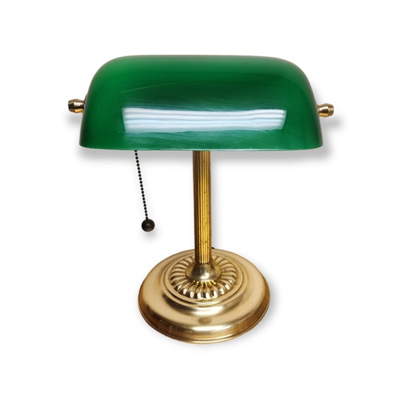 Retro Bankers Lamp Green Glass Shade Brass Finish Pull Chain Etsy