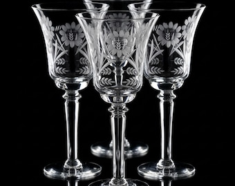 Vintage Set of 4 Claret Daisy and Wheat Etched Stemware, Floral Wine Glasses