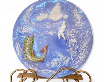 Vintage Palissy Majolica Fishing Collectors Plate, Trout Relief Wall Decor, Studio Pottery Hanging