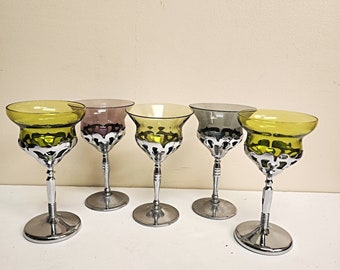 Art Deco FARBER BROTHERS crystal Chrome Liquor Cocktail Glasses