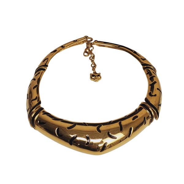Vintage Gloria Vanderbilt Gold Tone Choker Black Tiger Stripes Necklace