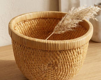 Vintage Chinese Hand-Woven Rattan Reed Basket Bowl Japandi Decor Organic Modern Storage Boho Farmhouse Cottagecore Natural Fiber