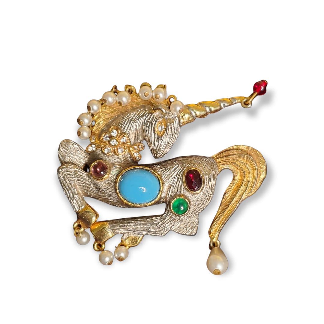 Authentic 60s KJL Kenneth Jay Lane Unicorn Jeweled Brooch