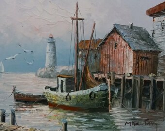 Max Savy Original Signed Oil Painting – Maine Harbor Scene, Framed