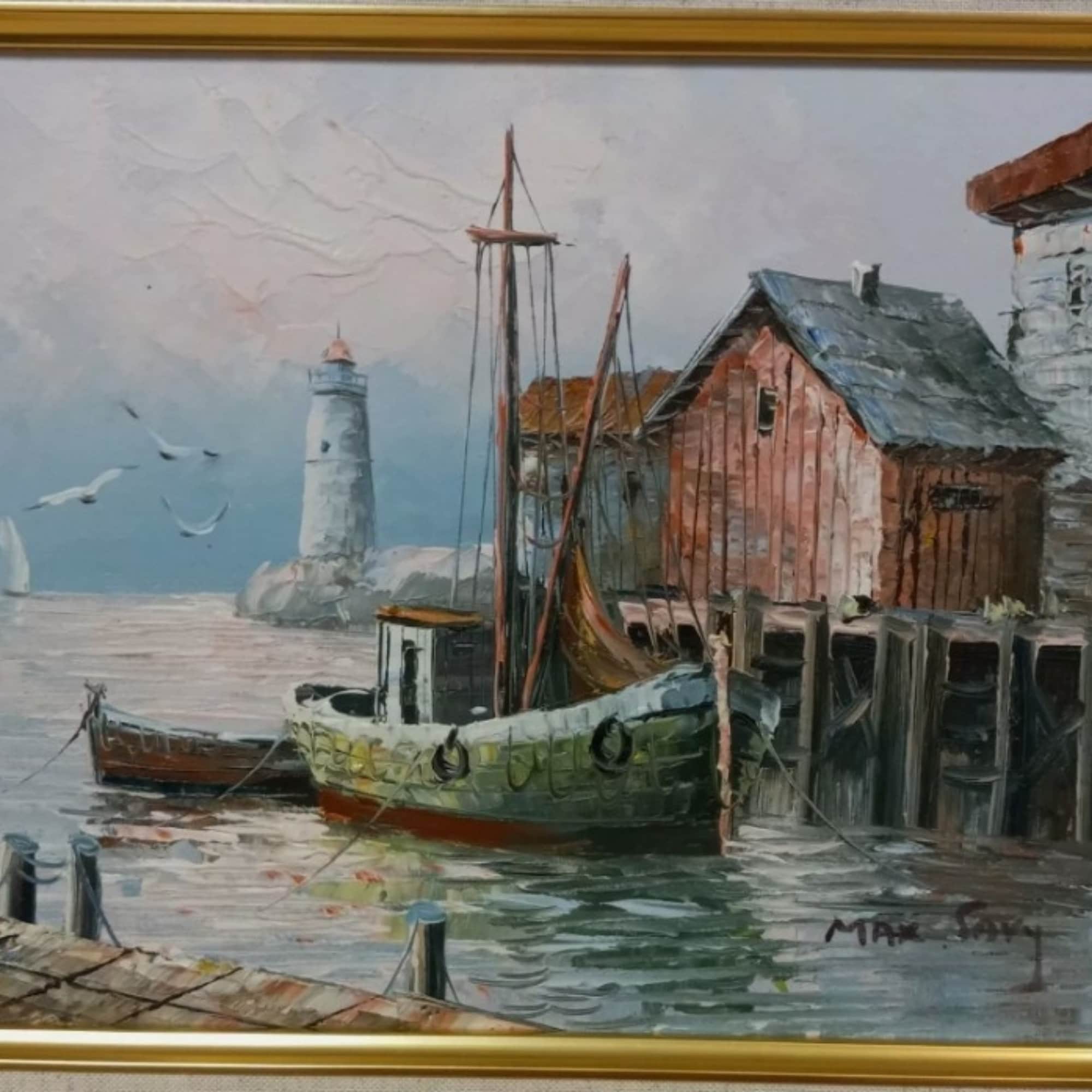 Max Savy Original Signed Oil Painting – Maine Harbor Scene, Framed