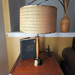 Mid-Century Atomic Space Age Walnut Brass Eames Era Original Rattan Woven Shade Vintage Table Lamp, MCM Danish Table Lamp