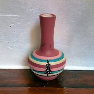 Vintage Hand Painted Southwestern Pottery Bud Vase Pink Dessert Scene