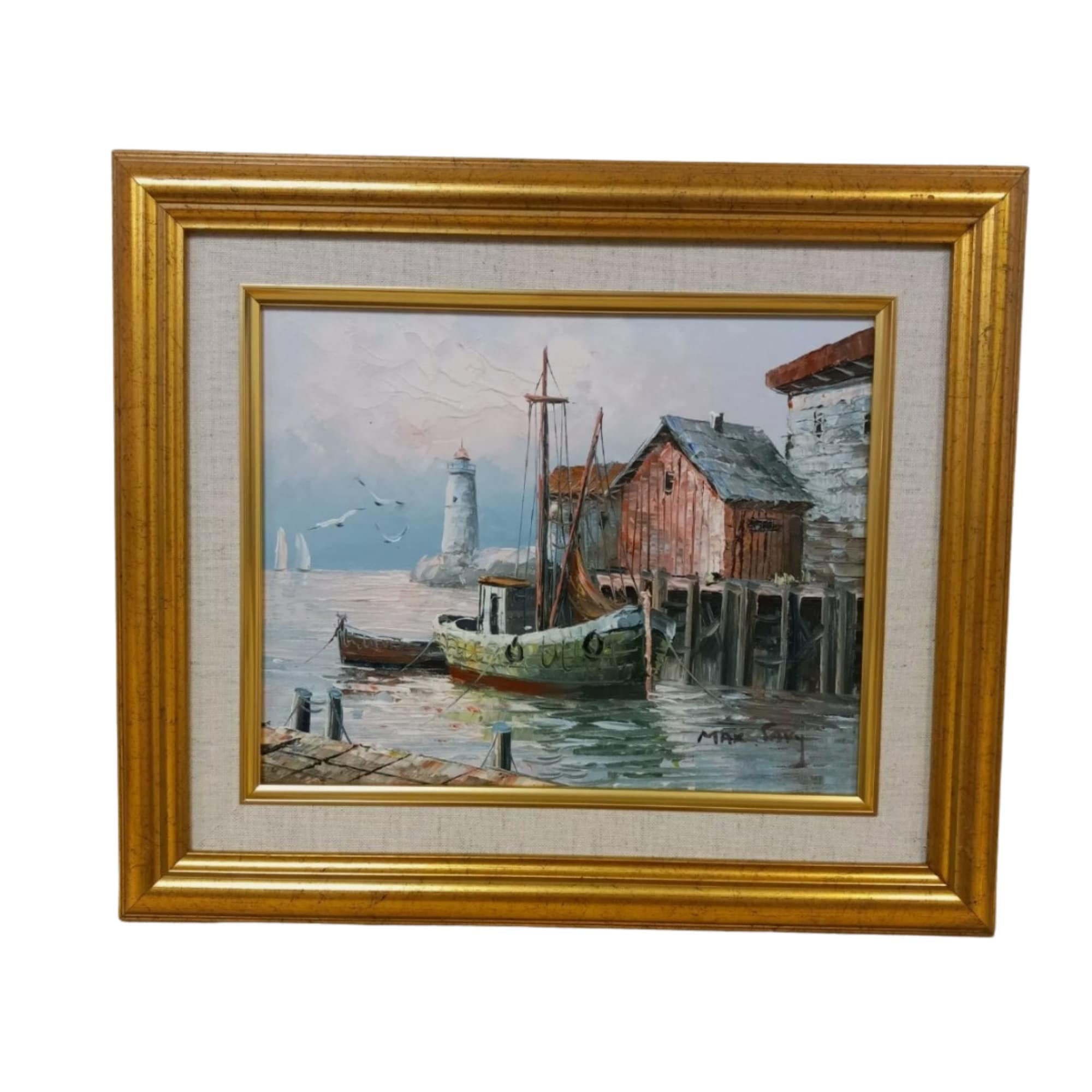 MAX SAVY港の風景 油彩画 Max Savy Original Signed Oil Painting – Maine Harbor Scene, Framed