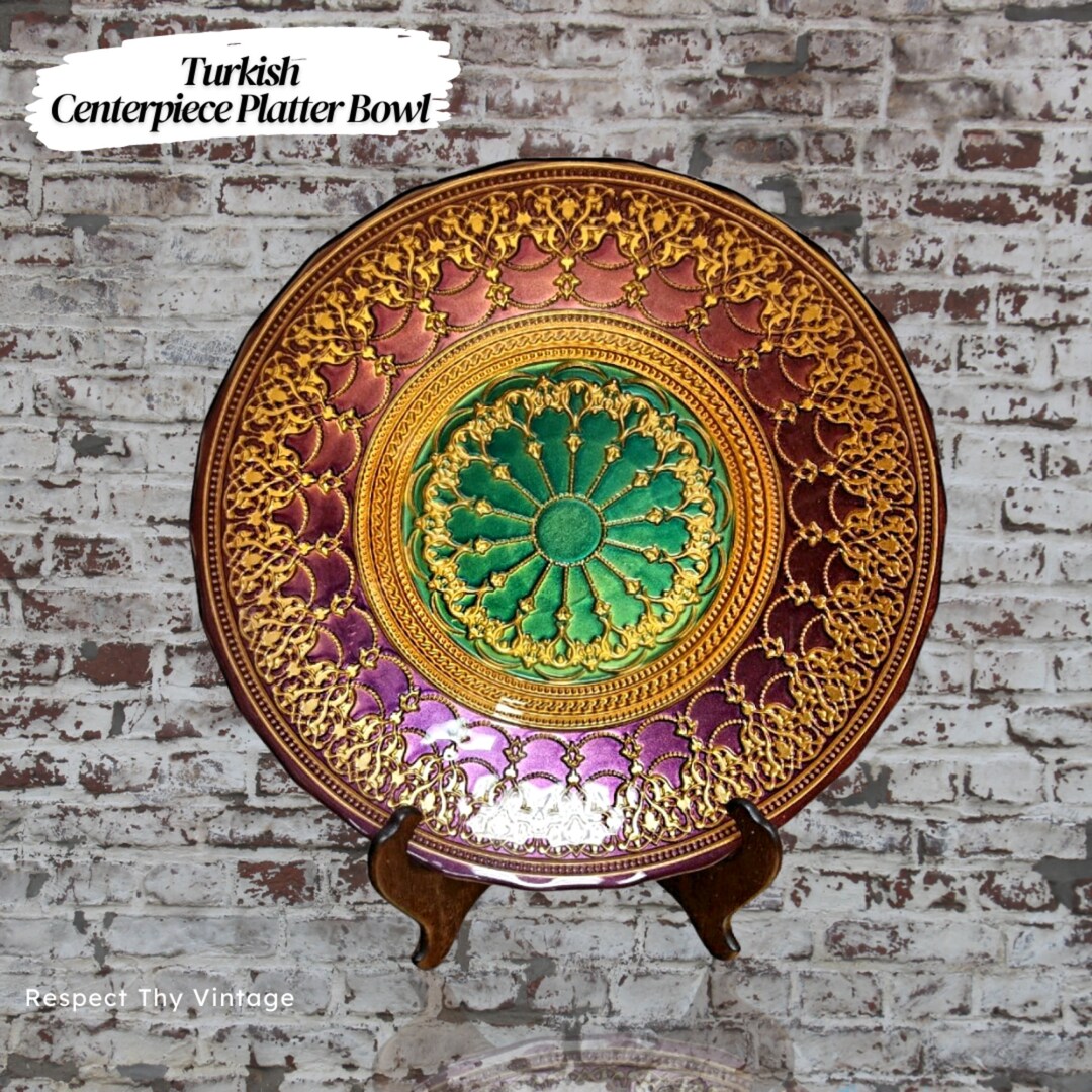 Turkish Hand Decorated Art Glass Centerpiece Bowl, Intricate Ornament