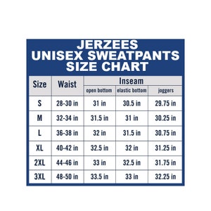 K&ouml;nnte beinhalten: Gr&ouml;&szlig;entabelle f&uuml;r Unisex-Sweatpants mit Ma&szlig;en in Zoll f&uuml;r Taille und Schrittl&auml;nge. Die Tabelle zeigt die Gr&ouml;&szlig;en S bis 3XL mit unterschiedlichen Schrittl&auml;ngen f&uuml;r offene Beine, elastische Beine und Jogginghosen.