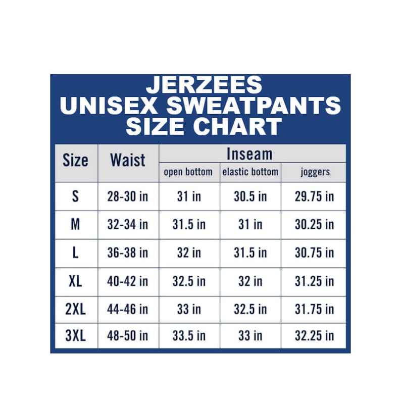 K&ouml;nnte beinhalten: Gr&ouml;&szlig;entabelle f&uuml;r Unisex-Sweatpants mit Ma&szlig;en in Zoll f&uuml;r Taille und Schrittl&auml;nge. Die Tabelle zeigt die Gr&ouml;&szlig;en S bis 3XL mit unterschiedlichen Schrittl&auml;ngen f&uuml;r offene Beine, elastische Beine und Jogginghosen.