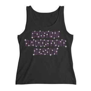 May include: Black tank top with the text "CUSTOM RHINESTONE DESIGN" in purple rhinestones.