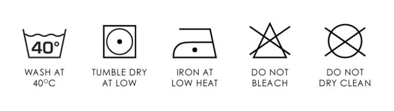 May include: Washing instructions for a garment: machine wash at 40 degrees Celsius, tumble dry low, iron at low heat, do not bleach, and do not dry clean.