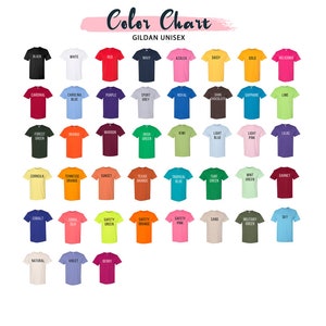 May include: Colour chart for Gildan unisex t-shirts, displaying a range of colours, including black, white, red, navy, azalea, daisy, gold, heliconia, cardinal, carolina blue, purple, sport grey, royal, dark chocolate, sapphire, lime, forest green, orange, maroon, irish green, kiwi, light blue, light pink, lilac, cornsilk, tennessee orange, sunset, texas orange, tropical blue, turf green, mint green, garnet, cobalt, coral silk, safety green, safety orange, safety pink, sand, military green, sky, natural, violet, and berry.