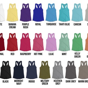 May include: A chart showing 20 different colors of tank tops. The colors include white, banana cream, purple rush, royal, turquoise, tahiti blue, cancun, silver, cardinal, red, raspberry, hot pink, lilac, mint, kelly green, light orange, black, midnight navy, indigo, military green, heather grey, dark grey, and warm grey.