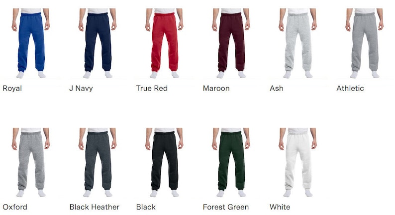K&ouml;nnte beinhalten: Ein Set mit 12 Jogginghosen in verschiedenen Farben, darunter Royalblau, Marineblau, Rot, Weinrot, Aschgrau, Sportgrau, Oxfordgrau, Schwarz meliert, Schwarz, Waldgr&uuml;n und Wei&szlig;.