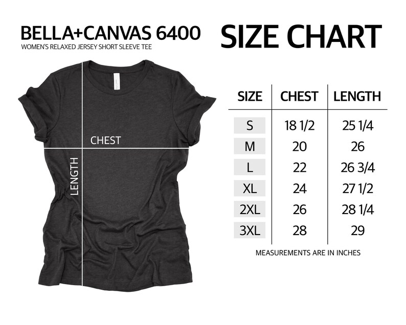 Puede incluir: Tabla de tallas para una camiseta de manga corta de jersey relajado para mujer. La tabla muestra las tallas S a 3XL con las medidas de pecho y longitud correspondientes en pulgadas.