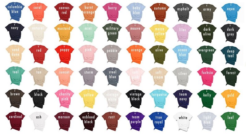 Puede incluir: Una tabla de 60 camisetas de diferentes colores, cada una con un nombre impreso en la parte delantera. Los colores van de brillantes a apagados, y los nombres son todos descriptivos de los colores.