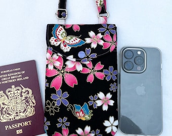 Mobile Phone Bag in Japanese Metallic prints, handmade Crossbody Smartphone Bag, Passport bag, Adjustable strap phone bag.