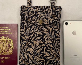 William Morris Fabric Phone Bag, Handmade Crossbody Smartphone Bag, Passport bag, Adjustable strap cross body mobile phone bag