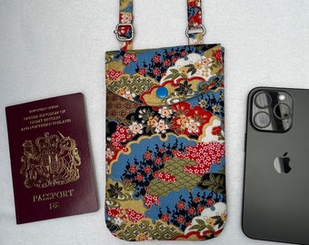 Mobile Phone Bag in Blue Japanese Metallic Floral print, handmade Crossbody Smartphone Bag, Passport bag, Adjustable strap phone bag.