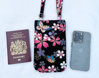 Mobile Phone Bag Japanese Metallic Blossom Butterfly print on Black, Crossbody Smartphone Bag, Passport bag, Adjustable strap phone bag.