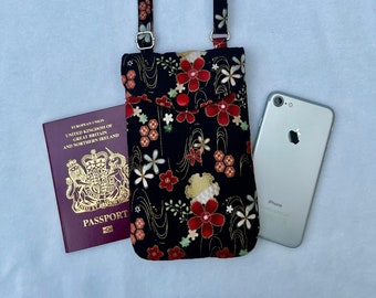 Mobile Phone Bag in Japanese Metallic Floral print, handmade Crossbody Smartphone Bag, Passport bag, Adjustable strap phone bag.