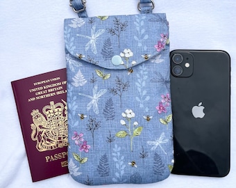 Mobile Phone Bag in Wild Meadow print, handmade Crossbody Smartphone Bag, Passport bag, Adjustable strap phone bag.