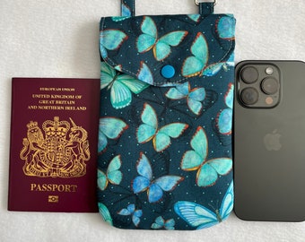 Mobile Phone Bag in butterfly print, handmade Crossbody Smartphone Bag, Passport bag, Adjustable strap phone bag.