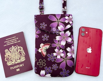 Mobile Phone Bag Purple Japanese Metallic Blossom Butterfly print, Crossbody Smartphone Bag, Passport bag, Adjustable strap phone bag.