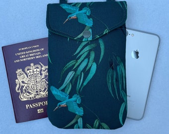 Bolso bandolera para teléfono móvil con estampado de martín pescador, bolso bandolera para teléfono inteligente hecho a mano, bolso para pasaporte, bolso para teléfono con correa ajustable.