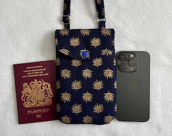 Mobile Phone Bag in Metallic gold leaves print on Navy, handmade Crossbody Smartphone Bag, Passport bag, Adjustable strap phone bag.