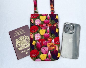 Handmade Tulips Print Crossbody Phone Bag, Floral Passport Bag