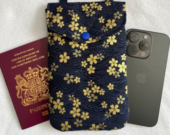 Handmade Crossbody Phone Bag: Japanese Metallic Blossom Print