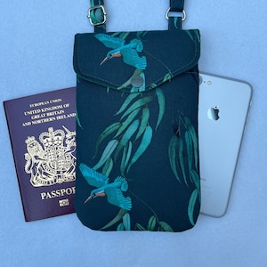 Kingfisher print Crossbody Mobile Phone Bag, handmade Crossbody Smartphone Bag, Passport bag, Adjustable strap phone bag.